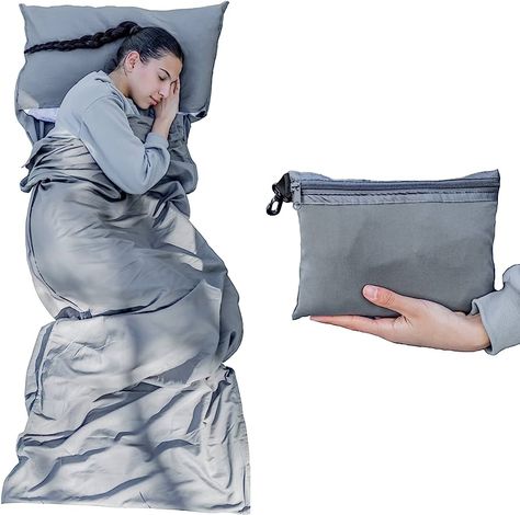 MAMMO Sleeping Bag Liner - Portable Lightweight Sleeping Bag, Cotton Feel Travel Sheet With Pillow Slot, For Hotels, Hostels & Festivals, One Of Your Backpacking Essentials & Camping Accessories : Amazon.co.uk: Sports & Outdoors Sleeves Aesthetic, Camping Quilt, Backpacking Essentials, Sleeping Bag Liners, Lightweight Sleeping Bag, Sleeping Bag Liner, Festival Essentials, Camping Bed, Camping Essentials