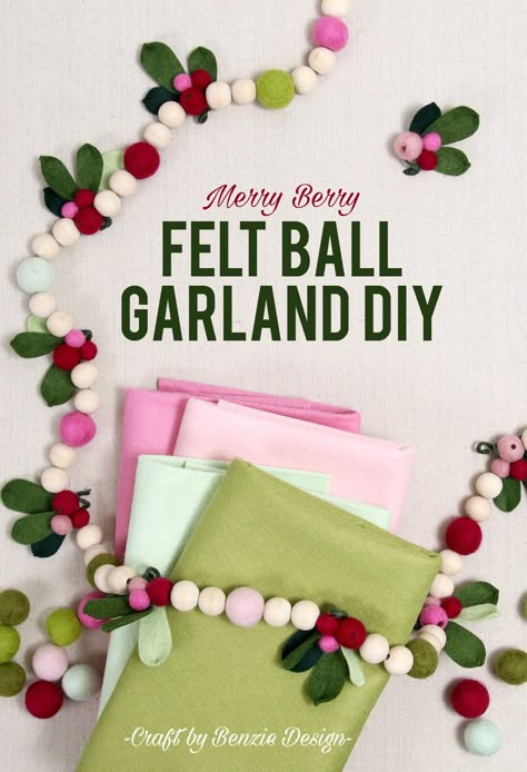 Felt ball garlands are so easy to make -and a great way to add cheer to any holiday! In this specific garland we mix in some berry sprigs and wood beads (20mm) to make a festive christmas garland.  Let's get started on the cranberry sprigs -first grab your supplies:-Wool felt in Evergreen, Meadow and Pistachio (also av Easy Felt Garland Diy, Felt Garlands Christmas, Wool Garland Diy, Felted Wool Garland, Felt Ball Christmas Garland, Sewing Christmas Garland, Winter Felt Garland, Pompom Garland Diy, Christmas Garland Ideas Diy