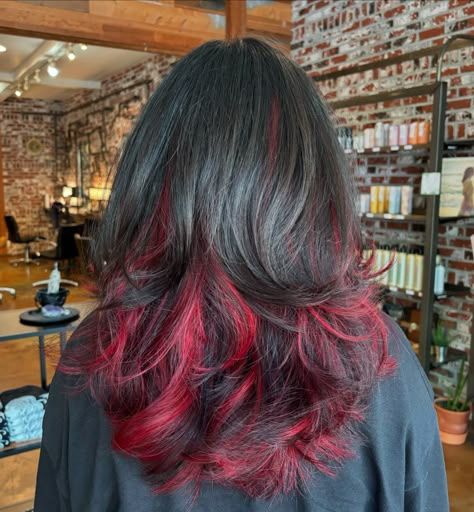 Chunky red peekaboo highlights w/ cut. ⛓️DM OR CLICK THE LINK IN BIO TO BOOK⛓️ . . . . . #althairstylist #althair #redhighlights #peekaboohair #curtainbangs #90sblowout #creativecolorspecialist #vividhaircolor #vividhairstylist #dangerjonescreative #pravanavivids #hairtok #shaghaircut #916hairstylist #sacramentotiktok #independenthairstylist #transformationhaircut #amandapadillahair Dark Hair With Vivid Peekaboo, Black Red Peekaboo Hair, Layered Hair With Red Highlights, Peekaboo Hair Color Red And Brown, Hidden Chunky Highlights, Ref Highlights, Dyed Wolfcut Hair, Black Hair With Tips Dyed, Red Peak A Boo Hair Brown