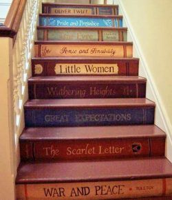 Book Staircase Design – Your Projects@OBN Stairs Painted Like Books, Black Painted Stairs, Book Staircase, Stairs Painted, Book Stairs, Outside Stairs, Stair Art, Painted Staircases, Attic Stairs