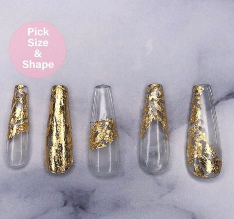 Gold Encapsulated Nails, Press On Acrylic Nails, Encapsulated Nails, Diva Nails, Gold Flake, Pretty Nail Art Designs, Sparkle Nails, Ballerina Nails, Pretty Nail Art