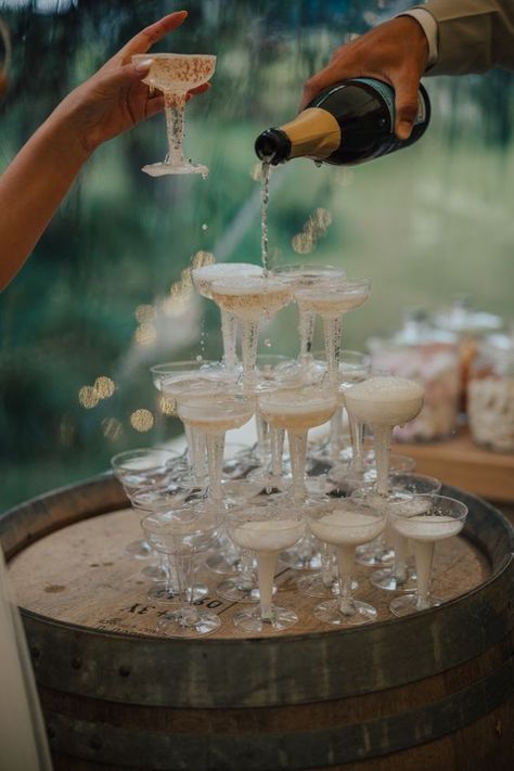 Prosecco Tower Wedding, Champagne Coupe Tower, Prosecco Tower, Prosecco Party, Champagne Tower Wedding, Champagne Cups, Engagement Party Diy, Wedding Picnic, Village Hall Wedding