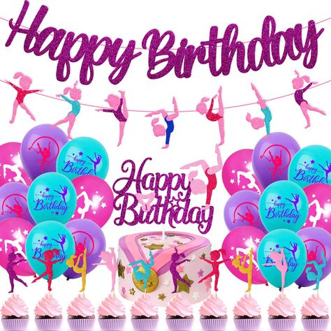 PRICES MAY VARY. WHAT YOU WILL GET - 1 Set of gymnastics happy birthday banner with gymnastics girl garland, 1 set of gymnast cake topper, 25 pcs gymnastics cupcake toppers (5 pieces gold color, 5 pieces pink color, 5 pieces rose red color, 5 pieces blue color, 5 pieces purple color), 24 pcs gymnastics theme balloons (8 pieces rose red balloons, 8 pieces purple balloons, 8 pieces blue balloons) GYMNASTICS THEME HAPPY BIRTHDAY BANNER - Made of high quality glitter paper card. Gymnastics birthday Gymnastics Birthday Decorations, Gymnastics Party Decorations, Gymnastics Theme Party, Birthday Banner Cake Topper, Music Birthday Party, 60th Birthday Decorations, 16th Birthday Decorations, Gymnastics Birthday, Birthday Party Set