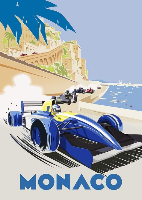 Vintage Monaco Poster, Monaco F1 Poster, Formula 1 Poster Design, Monaco Grand Prix Aesthetic, F1 Painting Ideas, Racing Design Graphic, F1 Posters Vintage, Formula 1 Illustration, F1 Graphic Design