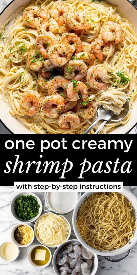 This creamy shrimp pasta recipe comes together in about 30 minutes and is almost a one-pan dinner! The shrimp cooks up perfectly tender in garlic, butter, and herbs and then is served with al dente linguine tossed in a simple white wine cream sauce. This dish is loaded with flavor but easy enough for a busy weeknight! Healthy Mediterranean Dinner, Mediterranean Baked Cod, Shrimp Linguine Recipe, Garlic Shrimp Pasta Recipes, Creamy Seafood Pasta, White Wine Pasta Sauce, Easy Shrimp Pasta, Garlic Butter Shrimp Pasta, Shrimp Pasta Recipe