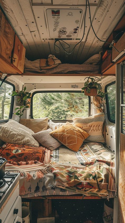 boho van aesthetic mood Van Life Decor Ideas, Nature Boho Aesthetic, Green Van Interior, Boho Van Interior, Witchy Van Life, Bohemian Campervan, Hippie Van Aesthetic, Boho Van Life, Vanlife Aesthetic