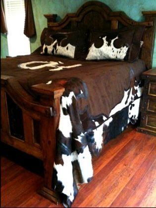 CUSTOM "RANCH BRAND" LEATHER AND COWHIDE BEDSPREAD WITH SHAMS | Western Decor by Signature Cowboy Turquoise Bedroom, Lodge Furniture, Ranch Furniture, Cowhide Furniture, Western Bedding, Western Bedroom, Plans Architecture, Casa Country, Western Furniture