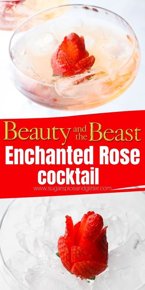 Beauty And The Beast Themed Cocktails, Bear Themed Cocktails, Beauty And The Beast Cocktails, Princess Cocktails, Fairytale Cocktails, Glitter Cocktails, Strawberry Cocktail Recipe, Autumn Beverages, Rose Cocktail Recipes