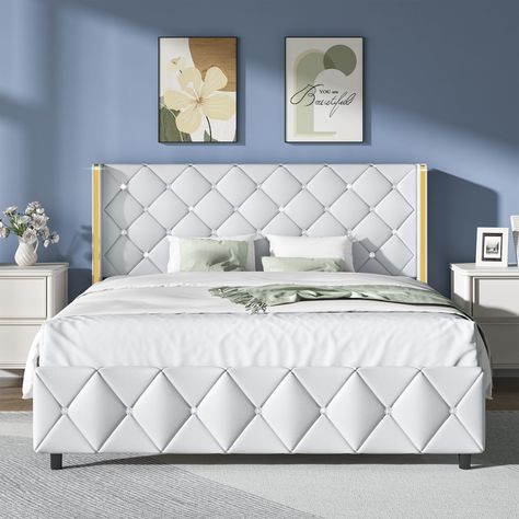 PRICES MAY VARY. 【Diamond Headboard Design】Featuring a headboard and footboard upholstered in leather and diamonds, the interior is filled with high-elastic foam, soft and comfortable to the touch, modern and cosy. An eye-catching white and gold bed frame queen that blends easily into any design. 【Safety Protection】The footboard of the queen blanca with headboard is made of rounded edges, smooth surface and soft-covered material, making it safer to use. In addition, the headboard wing design can White And Gold Bedding, Bed Construction, Luxury Bed Frames, Bed Frame Upholstered, 12 Strong, Modern Style Bed, Diamond Tufted Headboard, Romantic Luxury, Twin Size Bed Frame