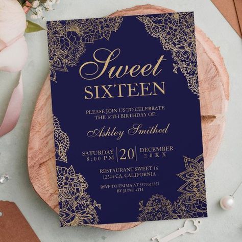 Sweet 16 Navy Blue, Sweet 16 Invitation Ideas, Blue Sweet Sixteen, Winter Wonderland Invitations, Gold Sweet 16, Digital Invitations Design, Blue Sweet 16, Sweet Sixteen Ideas, Sweet 16 Themes