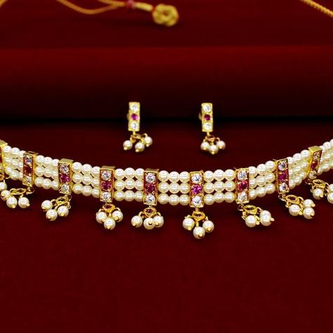 Sonchafa : Buy Puneri Moti Chinchpeti Set Online | Chinchpeti Necklace Choker Moti Necklace, Moti Jewellery Indian Traditional, Moti Necklace Design In Gold, Purls Jewellery, Gold Moti Necklace, Chinchpeti Jewellery, Moti Sets Jewellery, Moti Necklace Design, Thushi Necklace Gold