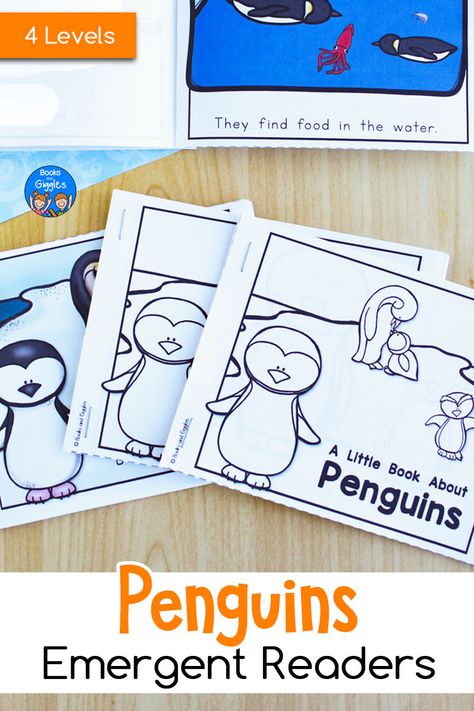 Printable emergent reader open to a page that reads "They find food in the water." Display of 2 black and white booklets and a color book, with the title "A Little Book About Penguins" Penguin Writing Kindergarten, Penguin Unit For Kindergarten, Penguin Kindergarten, School Group Activities, Penguins Kindergarten, Facts About Penguins, Fun Facts About Penguins, Emergent Readers Kindergarten, Penguin Facts