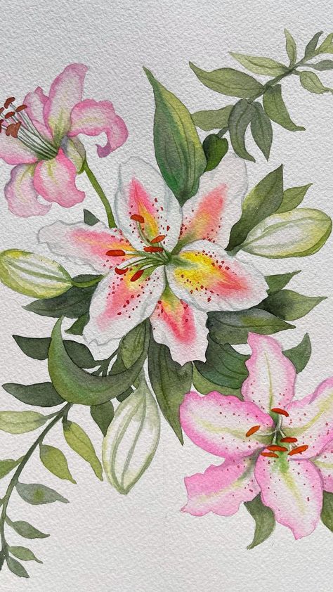 Lillys Flowers Drawing, Lilies Flower Drawing, Lily Flower Doodle, Flower Painting With Watercolors, Drawing Lillies Flowers, Lily Flower Watercolor Painting, One Flower Painting, Lily Flowers Painting, Lily Flower Painting Easy