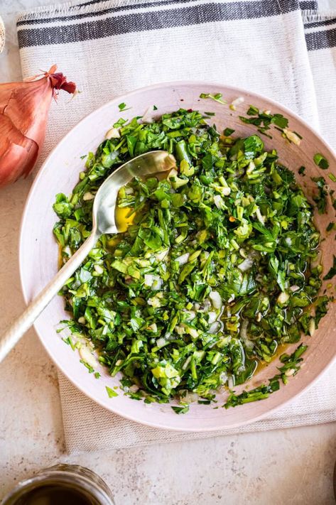 This Italian Salsa Verde recipe is vibrant and zesty with the combination of Italian parsley, lemon juice olives, and red pepper flakes. Italian Salsa Verde, Olive Salsa, Italian Salsa, Burrata Pizza, Carrot And Lentil Soup, Salsa Verde Recipe, Italian Parsley, Pasta Salad With Tortellini, Verde Recipe