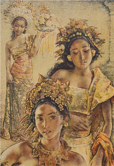 View Balinese Ladies By Willem Gerard Hofker; colour lithograph; 31 x 21 cm ; . Access more artwork lots and estimated & realized auction prices on MutualArt. Three Graces, Lithograph Print, World Cultures, Balinese, Exhibitions, The Artist, Online Art, Buddha Statue, Graphic Prints