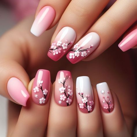 Pink Nails Ideas With Flowers, Cherry Blossom Nail Art Design, Nail Art Designs Cherry Blossoms, Spring Nails Cherry Blossom, Nail Cherry Blossom, Sakura Flower Nail Art, Cherry Blossoms Nail Art, Blue Cherry Blossom Nails, Cherry Blossom Nails Short