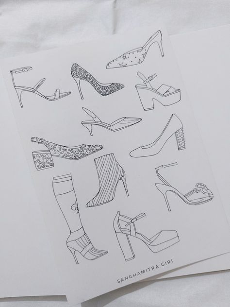 Footwear Sketches Design, Footwear Illustration Sketch Fashion, Heel Sketch, Heels Sketch, Footwear Drawing, Footwear Illustration, Footwear Sketches, Sporty Wear, Colorful Borders Design