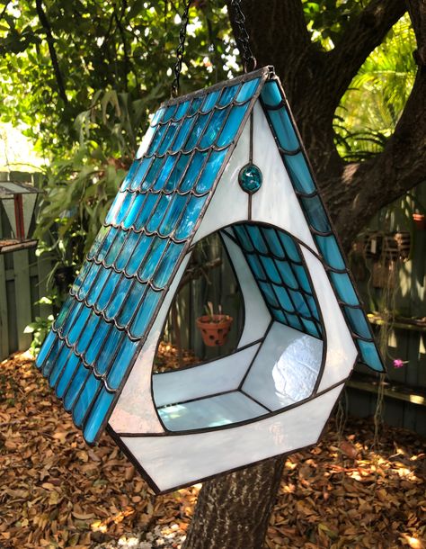 Stained Glass Bird Feeder Blue on Gary Stained Glass Bird House Pattern, Stained Glass Blue Jay Pattern, Stained Glass Bird Feeder Pattern, Stained Glass Bird Feeder, Stained Glass Animals Nature, Stained Glass Bluebird, Glass Bird Feeder, Glass Bird Feeders, Stained Glass Mirror