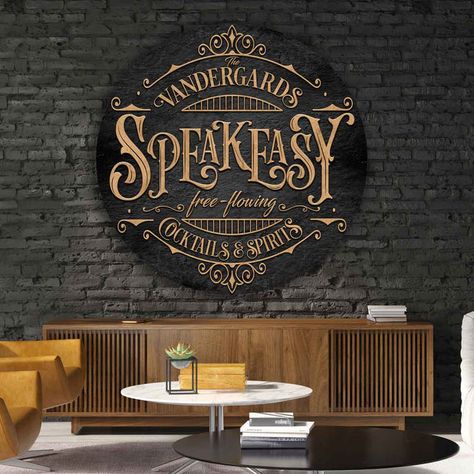 Whiskey Bar Decor, Farmhouse Basement Bar Ideas, Basement Speakeasy Home, Home Speakeasy Bar, Speakeasy Sign, Bar Bookcase, Speakeasy Decor Bar, Whisky Lounge, Speakeasy Lounge