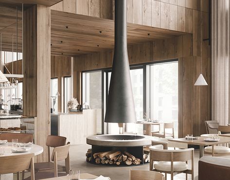 Beige interior on Behance Scandinavian Fireplace, Resort Interior Design, Suspended Fireplace, Indoor Fire Pit, Hanging Fireplace, Scandinavian Architecture, Soft Minimalism, Art Furniture Design, Beige Interior