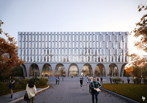 Hankuk University of Foregn Studies Library on Behance Arcade Architecture, Colonial Modern, Concept Models Architecture, University Architecture, Brick Arch, Arch Architecture, High Building, Studying Library, Modern Architecture Building