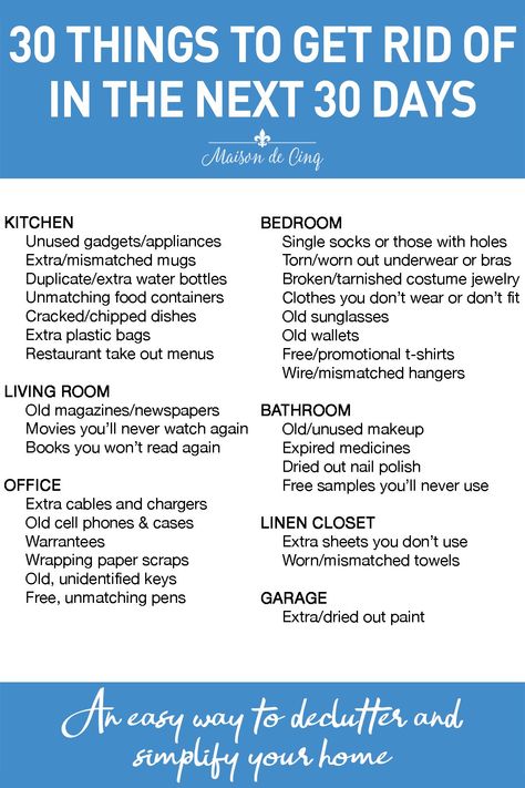 Are you overwhelmed with clutter but don't know where to start? Our list of 30 Things to Get Rid of in 30 Days will help!! Declutter easily with our 30 tips!---> #maisondecinq declutter organize organizing cleaningout organizeandclean tidyup mariekondo tidying How To Get Rid Of Things, 30 Day Declutter, Modern French Farmhouse, Get Rid Of Things, Bedroom Cleaning, Life Reset, Declutter Bedroom, Take Out Menu, Old Cell Phones