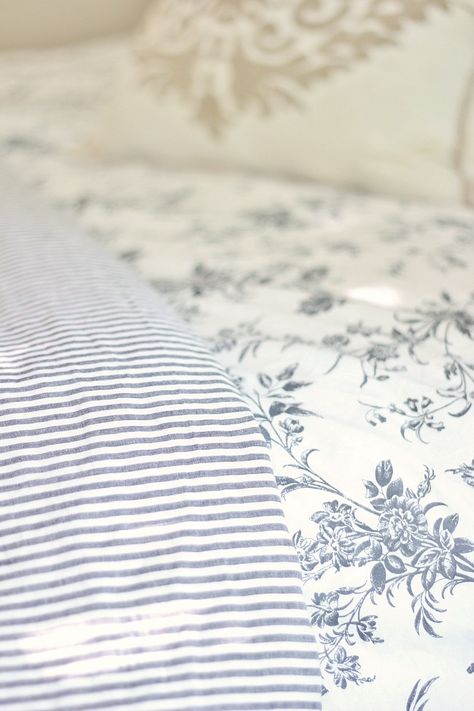 stripes and florals Ticking Stripe And Floral, Coastal Rooms, Vintage Floral Stripe Fabric, Coastal Deco, Thistlewood Farms, Coastal Room, House Bedroom, Cracker Barrel, Farmhouse Bedroom