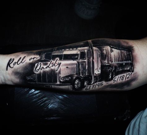 Memorial piece Truck Driver Memorial Tattoo, Semi Truck Memorial Tattoo, Truck Driving Tattoo Ideas, Trucker Tattoo Ideas Semi Trucks, Semi Truck Tattoo For Women, Trucker Memorial Tattoos, Peterbilt Tattoo, Truck Driver Tattoo Ideas, Trucker Tattoo Ideas