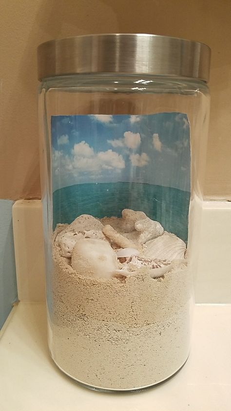 Beach in a jar. Collection of sand and seashells from our favorite beaches. Glass jar from Crate & Barrel Sand And Seashells In Jar, Beach Sand And Shells Keepsake, Sand Collection Display Ideas, Sand And Shells In A Jar Ideas, Beach In A Jar, Collection Display Ideas, Sand Decor, Beach Keepsakes, Ocean Craft