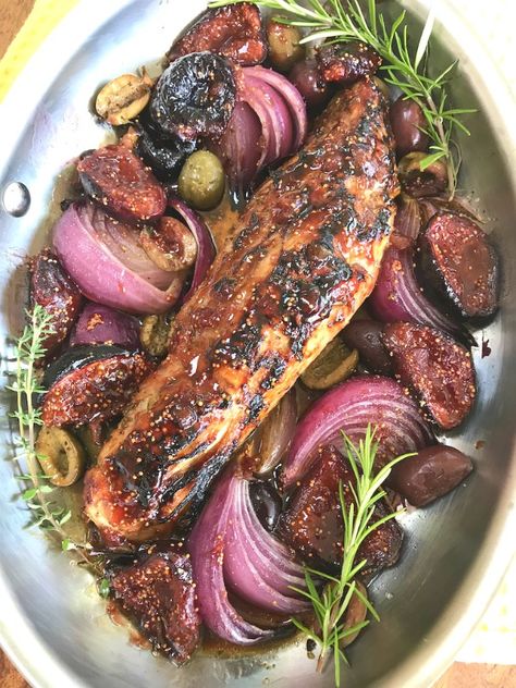 Pork Tenderloin with Figs, Onions and Olives Italian Mains, Lamp Chops, Mustard Pork Tenderloin, Eat Mindfully, Cooking Pork Tenderloin, Sustainable Eating, Pig Pen, Fig Recipes, Weekend Dinner