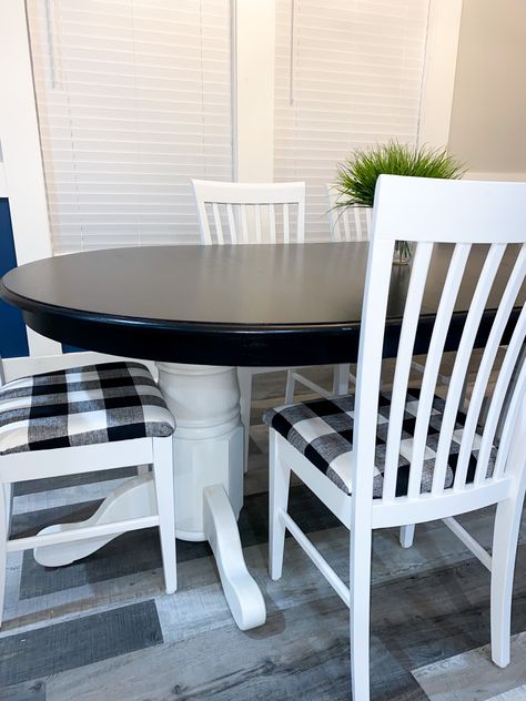 Black And White Farm Table, Black And White Kitchen Table Ideas, Black And White Table And Chairs, White And Black Dining Table, Black And White Distressed Table, Painted Dining Table Top, Black And White Farmhouse Table, Black Table White Chairs, Black And White Kitchen Table