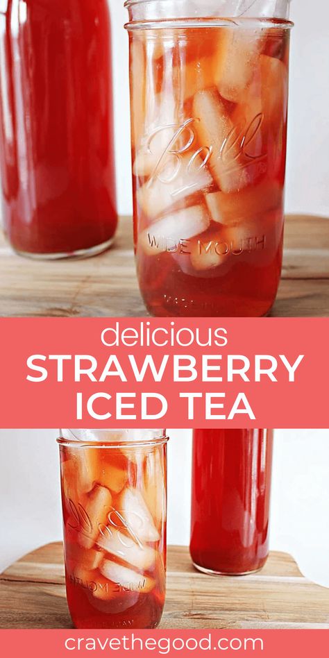 This easy, healthy Strawberry Iced Tea recipe is made with fresh sweet strawberries and maple syrup! Learn how to make Strawberry Iced Tea at home. The balsamic vinegar and peppercorns are optional! | cravethegood.com #cravethegood #icedtea #icedtearecipe Strawberry Iced Tea, Sweet Tea Recipes, Iced Tea Recipe, Iced Drinks Recipes, Tea Drink Recipes, Tea At Home, Strawberry Balsamic, Strawberry Tea, Drink Recipes Nonalcoholic