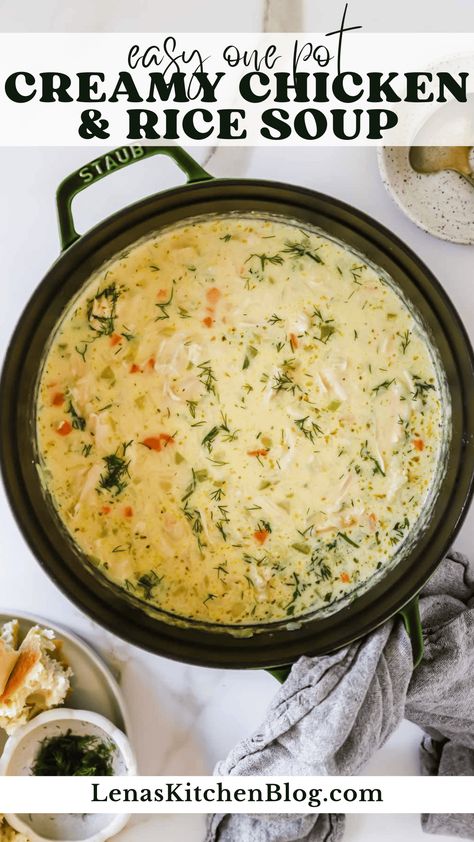 This Creamy Chicken and Rice Soup is the ultimate cozy meal for chilly days! With tender rotisserie chicken, jasmine rice, and aromatic herbs, it’s bursting with savory Mediterranean flavors and hearty textures. Pair it with a leafy green salad or crusty bread for a well-balanced dinner the whole family will love! Homemade Chicken And Rice Soup, Creamy Chicken And Rice Soup, Rotisserie Chicken Soup, Creamy Chicken And Rice, Rice Soup Recipes, Chicken Rice Soup, Creamy Chicken Soup, Creamy Recipes, Creamy Rice