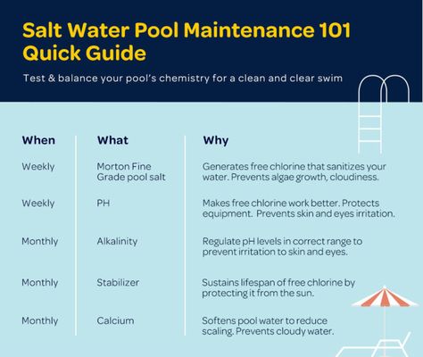 Salt Water Above Ground Pool, Diy Salt Water Pool, Salt Water Stock Tank Pool, Fun Pool Ideas, Above Ground Salt Water Pool, Saltwater Pool Care, Pool Maintenance Schedule, Salt Water Pool Maintenance, Salt Water Pools