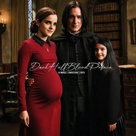 This photo is at Severus' desk in my fifth Fanfiction: Severus with his fiancée Hermione and their daughter Freya. Hermione is pregnant with their second child. Severus Snape Daughter, Severus Snape Hermione Granger, Snape Hermione, Snape And Hermione, Snape Harry Potter, Snape Harry, Alan Rickman, Severus Snape, Second Child