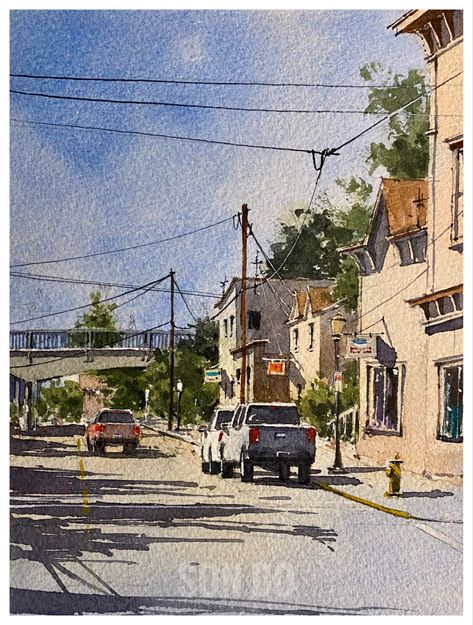 Streetscape art Urban Artwork, Make Pictures, Cityscape Painting, Urban Sketching, Urban Landscape, Watercolor Landscape, 그림 그리기, Land Scape, Travel Art