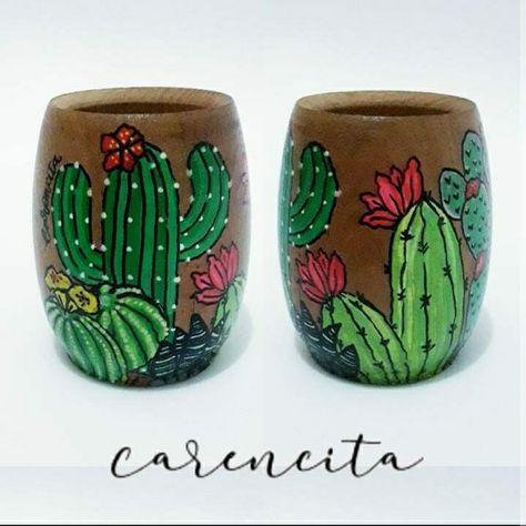 Mates Decorados, Wooden Cups, Cactus Pattern, Clay Flower Pots, Cactus Painting, Cactus Pot, Cactus Art, Painted Pots, Mexican Art