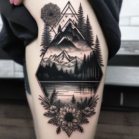 Unique Mountain Tattoos For Women, Feminine Outdoors Tattoo, Traveling Sleeve Tattoo, Mountain Night Sky Tattoo, Mount Whitney Tattoo, Scenery Tattoo Women, Mountain View Tattoo, Winter Sleeve Tattoo, Geometric Hip Tattoos Women