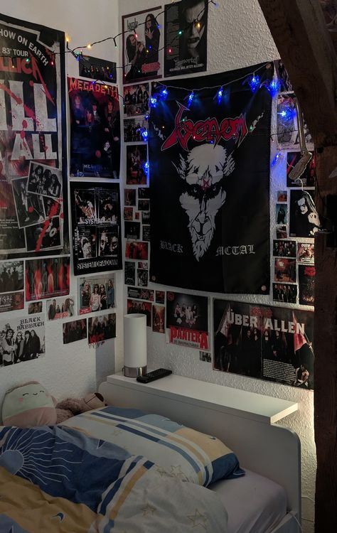 cozy bedroom corner filled with posters of thrash, death and black metal bands Messy Room Aesthetic Grunge, Metalhead Bedroom, Metalhead Room, Grunge Bedroom Aesthetic, Rock Bedroom, Redoing My Room, Teen Aesthetic, Room Decor Grunge, Gothic Room