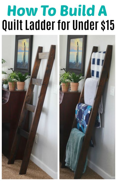 Make a beautiful wooden blanket ladder for under $15. It’s an easy one day project that will allow you to display beautiful quilts or blankets in the open and make them easily accessible. How To Make A Ladder, Blanket Hangers, Diy Blanket Ladder Easy, Make A Blanket Ladder, Ladder Blanket Holder, Blanket Ladder Plans, Blanket Ladder Diy, Blanket Ladder Decor, Farmhouse Blanket