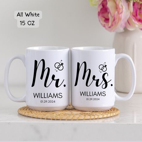 Personalized Mr & Mrs Coffee Mugs, Custom Wedding Gift, Personalized Wedding Mugs,Husband and Wife Mugs, Bride and Groom Set,Gift for Couple His And Her Coffee Mugs, Mr And Mrs Mugs, Etching Projects, Engaged Coffee Mug, Hubby Wifey Mugs Sets, Mr And Mrs Mugs Newlyweds, Glass Etching Projects, Bff Gifts Diy, Wedding Mugs