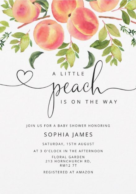 A little peach is on the way! Cute girl baby shower invitations featuring watercolor peaches design. afflink May Baby Shower Ideas Girl, June Baby Shower Ideas Girl, A Little Peach Is On The Way, Peaches Baby Shower Theme, Cute Baby Shower Themes For A Girl, Unique Baby Shower Themes For A Girl, Summer Baby Shower Ideas Girl, Baby Girl Baby Shower Ideas Themes, Sweet As A Peach Baby Shower Ideas