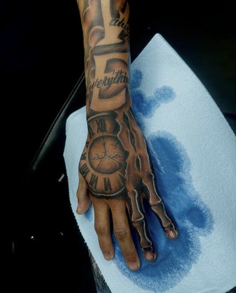 Sleeve And Hand Tattoo For Men, Rare Hand Tattoos For Men, Clock Sleeve Tattoos For Guys, Clock Tattoo Sleeve, Young N Turnt, Arm Tattoos Black, Tattoo Ideas Males, Full Hand Tattoo, Tattoos Black