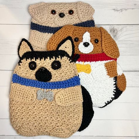 Crochet Gifts For Grandparents, Dog Treat Holder, Crochet Gifts For Dog Lovers, Crochet Dog Potholder, Dog Pot Holder Pattern, Animal Pot Holders, Crochet Dog Accessories Knitting & Tools, Crochet Potholder With Pocket, Crochet Camper Potholder Free Pattern