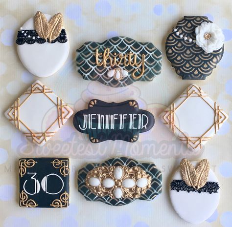 Gatsby Cookies, Roaring 20s Birthday Party, Gatsby Cake, Roaring 20s Birthday, Gatsby Birthday Party, Great Gatsby Themed Wedding, Gatsby Wedding Theme, Gatsby Themed Party, Themed Cookies