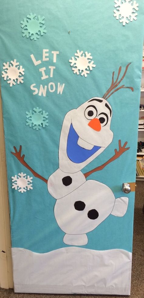 Olaf classroom door! Great for winter! Winter Season Theme Preschool, Frozen Themed Classroom Door, Preschool Classroom Door Ideas Christmas, Frozen Classroom Decorations, Olaf Door Decorations For School, Olaf Door Decoration, Disney Christmas Classroom Door, Christmas Door Decorations For School Contest Winter Wonderland, Snowflake Classroom Door