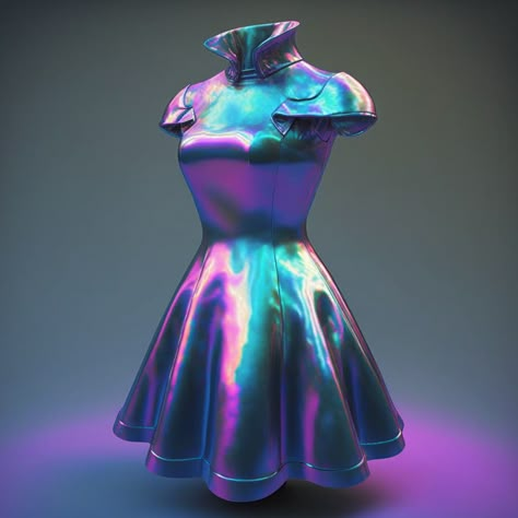 Short metallic looking, iridescent holographic short, short sleeved dress Oil Spill Dress, Purple Futuristic Outfit, Colorful Futuristic Fashion, Sci Fi Dress Future Fashion, Space Futuristic Aesthetic Outfit, Iridescent Outfit Holographic Fashion, Alien Outfit Aesthetic, Aliencore Outfit, Holographic Outfit