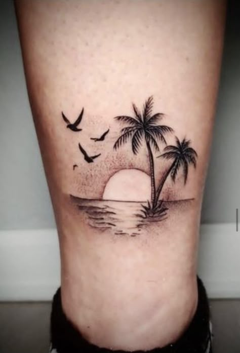 Strand Tattoo, Foot Tattoo Designs, Small Beach Tattoos, Beach Tattoo Ideas, Beachy Tattoos, Beach Tattoos, Island Tattoo, Optical Illusion Tattoo, Sunset Tattoos