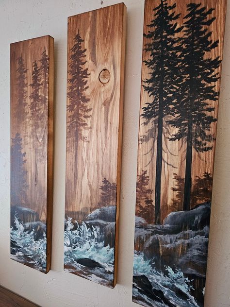 Woodwork Gift Ideas, Rustic Living Room Wall Decor Ideas, Wooden Crafts For Home, Art On Wood Painting, Art On Wooden Board, Wood Painting Ideas, Cabin Painting, Vendor Booth Ideas, Pop Up Vendor