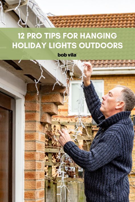 How many holiday lights do you need in order to illuminate your home’s exterior, and how can you hang them safely? Here’s how to put together a light display that’s the envy of the neighborhood. Click through for our tips on planning and installing holiday light displays outside. Christmas Lights House Outdoor, How To Hang Icicle Lights On House, Icicle Christmas Lights On House, Hanging Christmas Lights Outdoor Hacks, Outside Holiday Lights, How To Hang Christmas Lights On House, Christmas Lights Around Garage Door, How To Put Up Christmas Lights On House, House Outdoor Christmas Lights